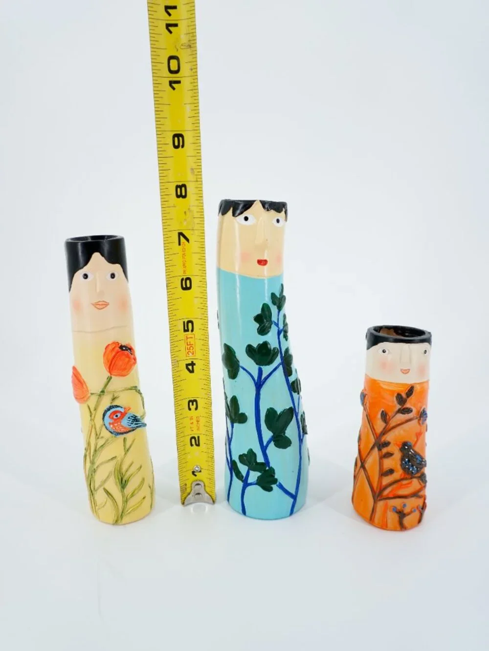 Set of 3 Hand Painted Ceramic Face Cylinder Vases, Women Floral Bird Decor